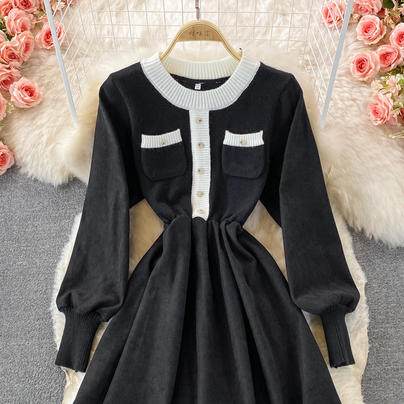 Korean high waist round neck knit stitched dress  3369