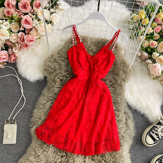 Sleeveless sexy V-neck waist slim A-line skirt  3149