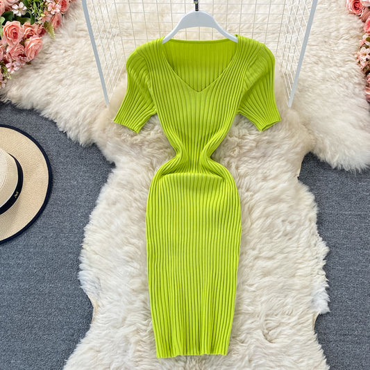 V-neck slim knit dress Hip Wrap  2973