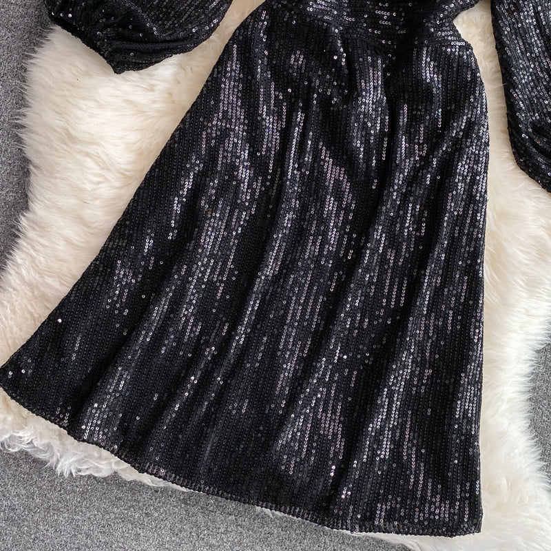 Robe courte à paillettes de luxe haut de gamme à col en V 3068