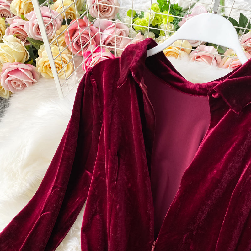 Doll Lapel gold button slim dress big swing velvet dress  3281