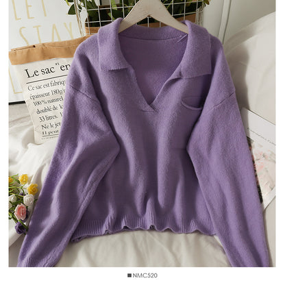 Sweet wind candy color Lapel slim fit Pullover knit  1848