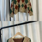 Rhomb, cardigan, V-neck contrast color British style sweater coat, autumn vintage long sleeve knit top  1425