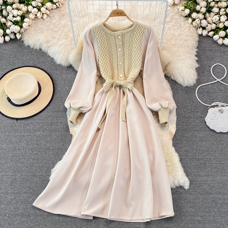 Crew neck twist knit stitched dress  3267