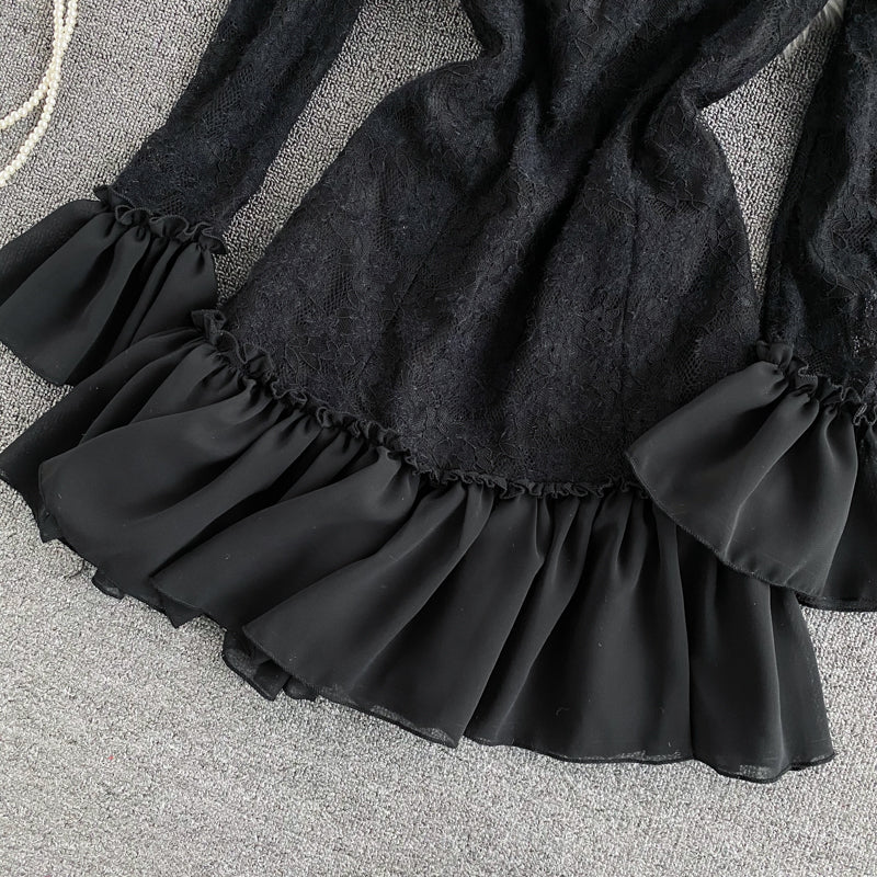 Waistband square neck long sleeve Lace Panel Ruffle Dress  3148