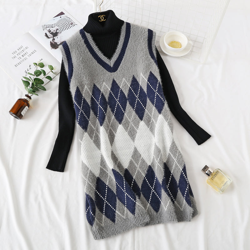 Gilet pull à carreaux en velours de vison rouge net gilet gilet robe 2474