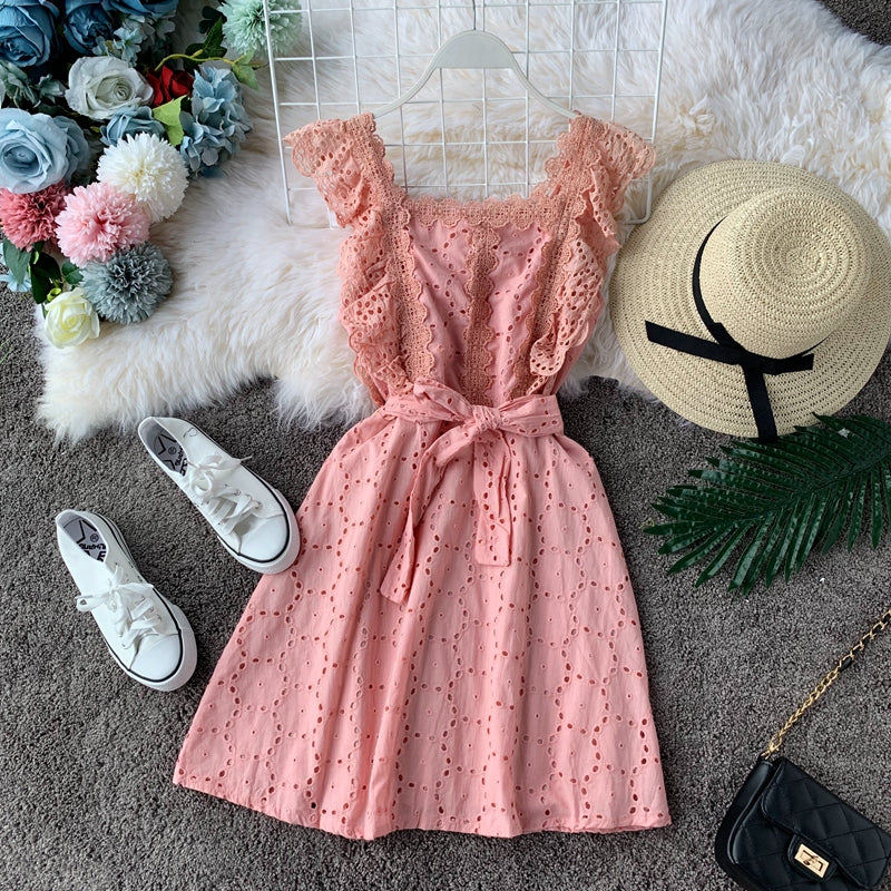 Vintage Lace square neck waist slim dress  2827