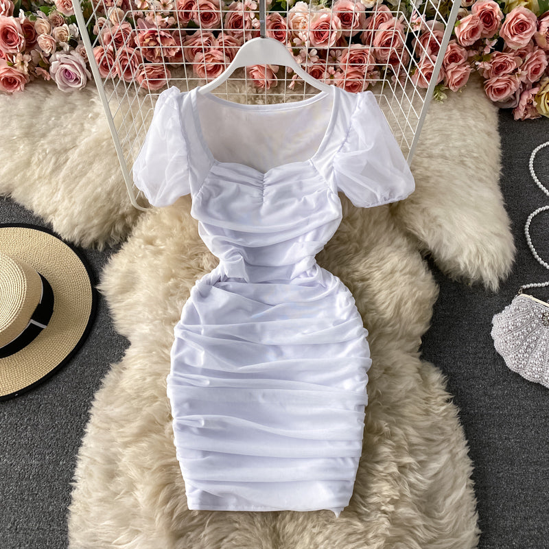 Robe plissée en maille à manches bouffantes et col carré français 2787