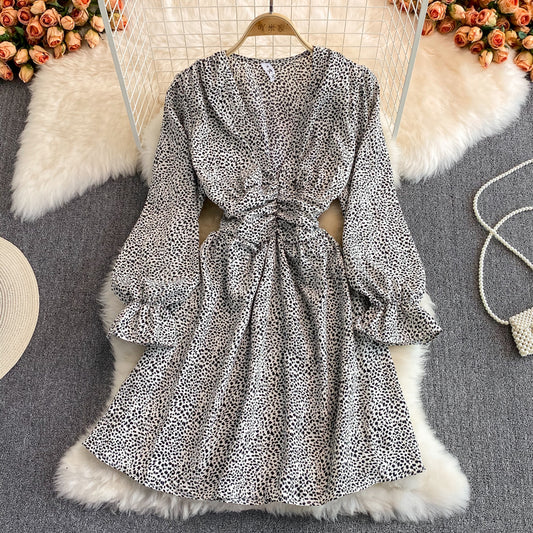 V-neck bubble sleeve small leopard print dress  3128