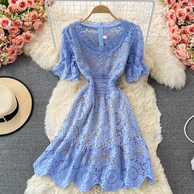 High waist slim water soluble hollow lace fishtail dress  2985