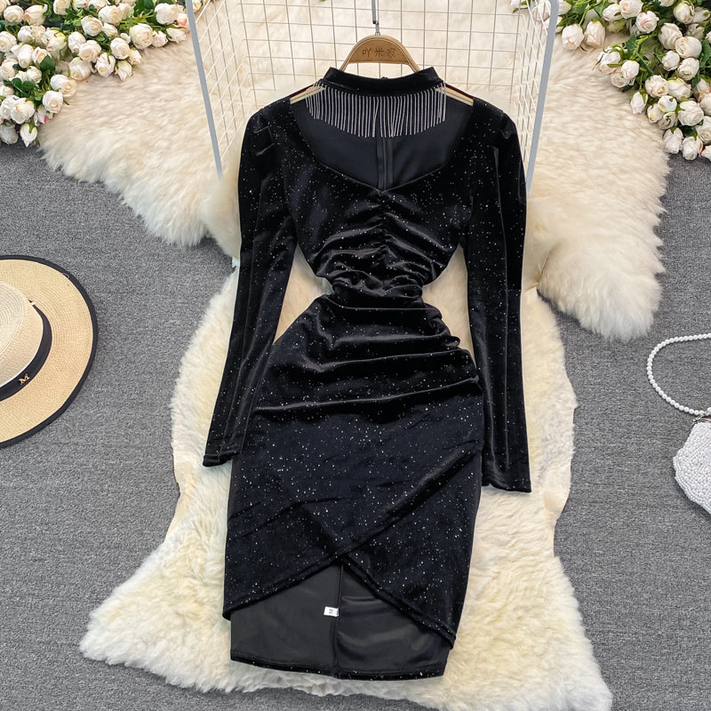 Robe portefeuille à col en V et à pampilles de tempérament de célébrité 3391