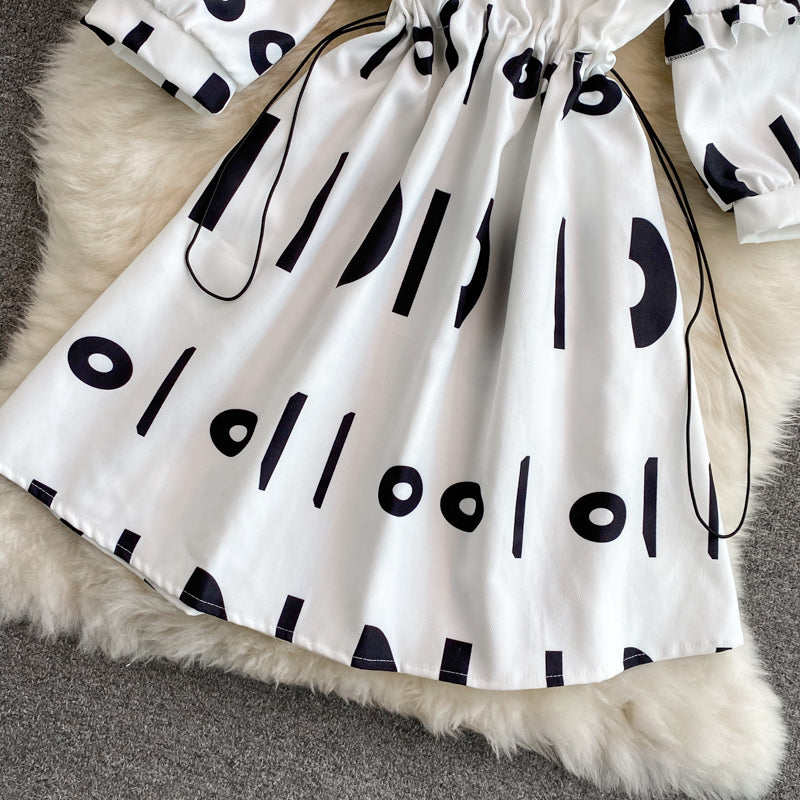 V-neck lettered print dress gentle wind waist sweater skirt  3113