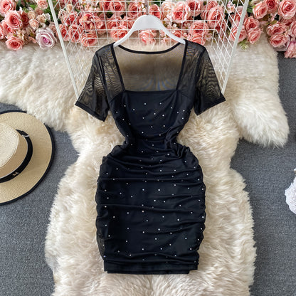 Sexy square neck slim slim fit mesh hot drill pleated Hip Wrap Dress  3172