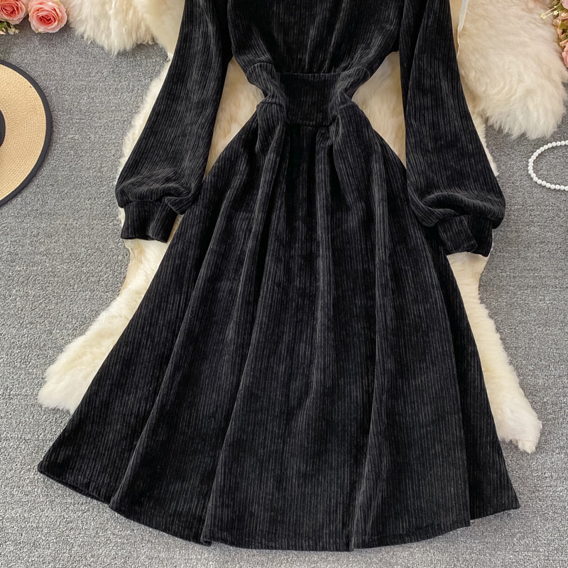 Vintage long sleeve corduroy square neck dress  2868