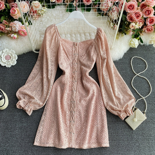 Long sleeved Square Neck Lace Dress with lantern sleeves at the waist  3155