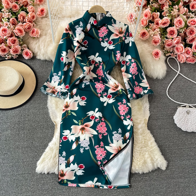 Split cheongsam lace stitched stand collar dress  3244