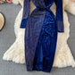 Hot drill velvet dress long skirt waist closing slim cut Hip Wrap Dress  3235