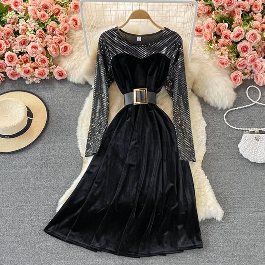 Golden velvet waist closing thin Sequin stitching Crew Neck Dress  3246