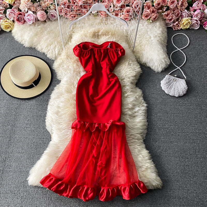 Robe sexy en queue de poisson avec sac à bandoulière exposé sans bretelles et coutures en maille de gaze 3033