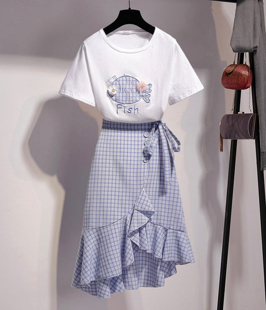 T-shirt poisson blanc + jupe à carreaux 1277