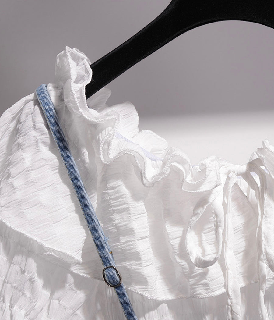 Cute white ruffled top + strap denim skirt  1278
