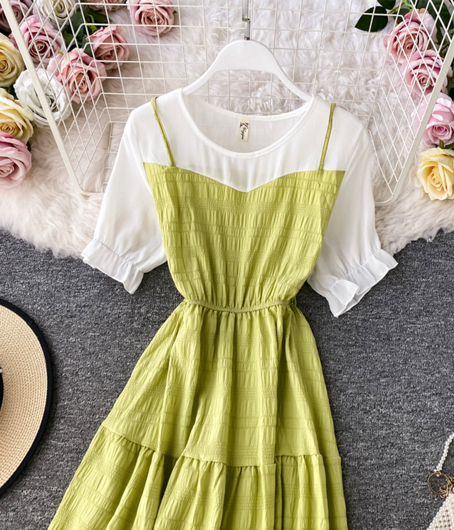 Cute A line round neck stitching dress summer dress  1230