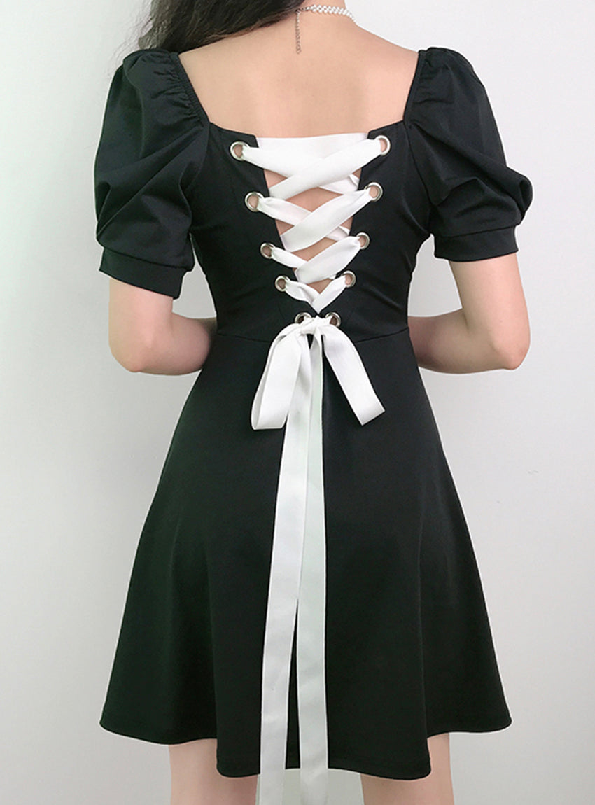 A line puff sleeve little dress black dress  1184