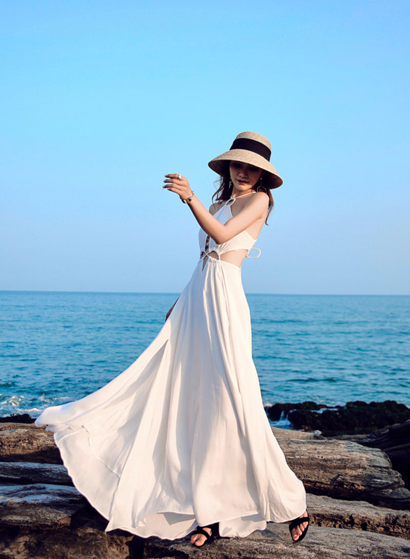 Unique white chiffon long dress summer dress  1215