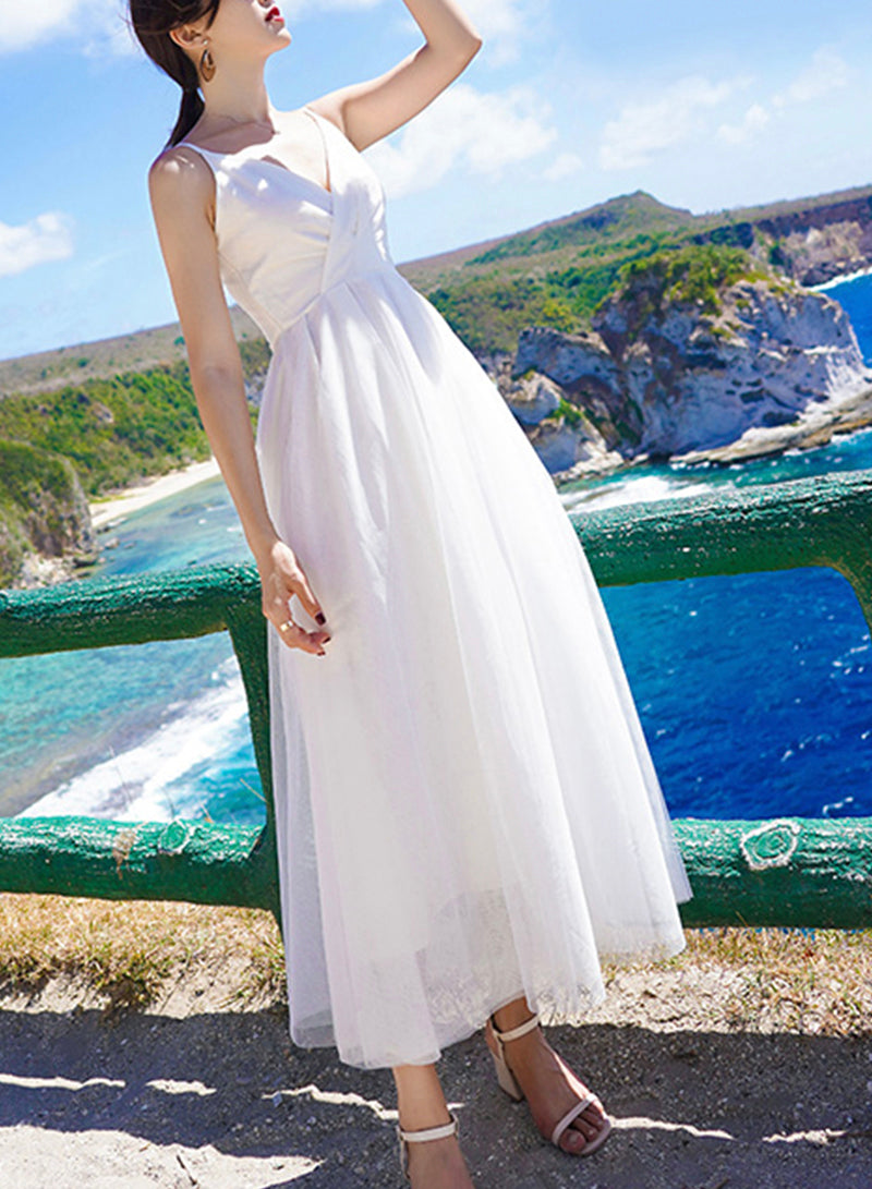 White A line tulle dress summer dress  1213