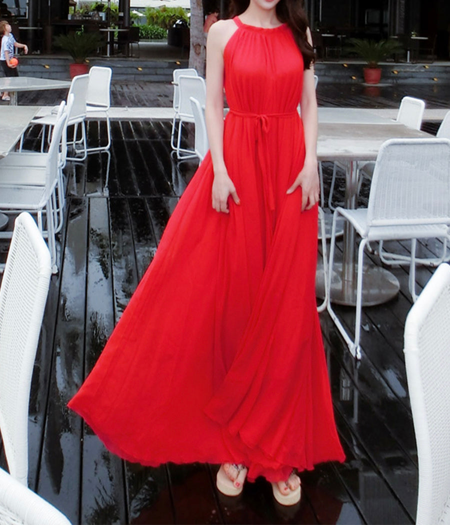 Red chiffon long dress women's dress  1190