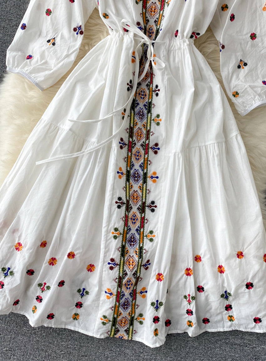 A line v neck embroidery long sleeve dress  1179
