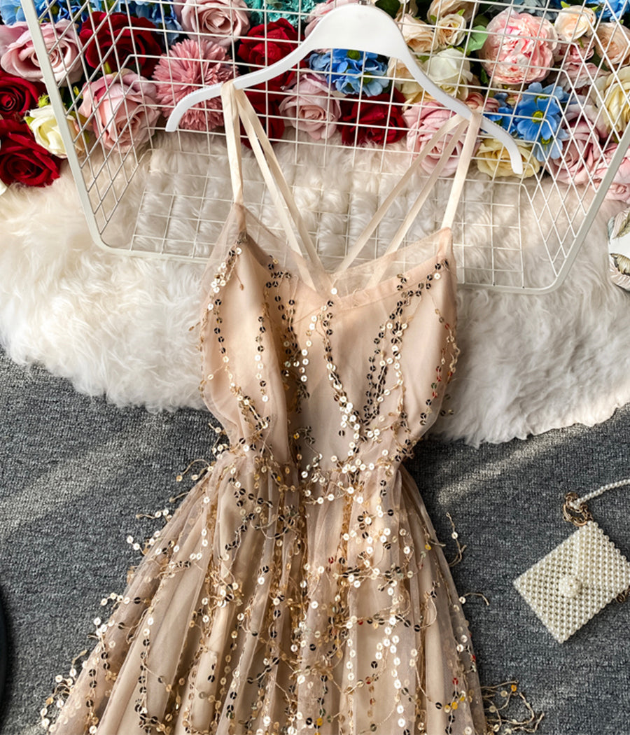 Stylish v neck tulle sequins dress fashion girl dress  1241