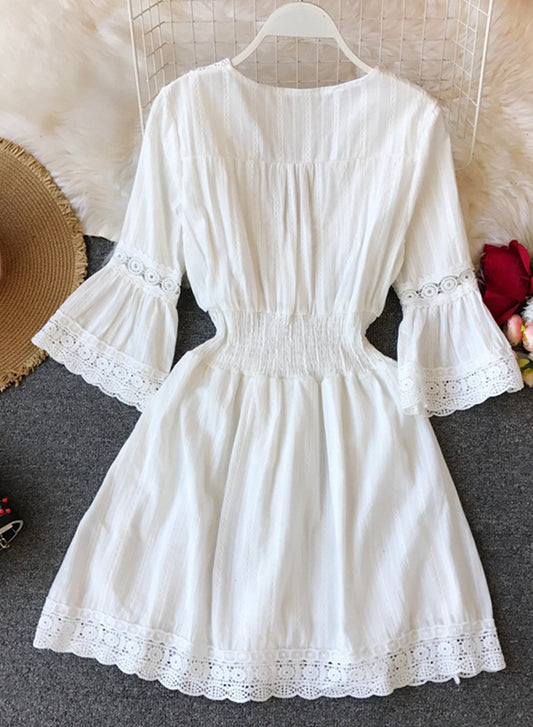 A line white hollow lace dress summer dress  1206