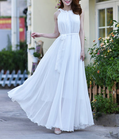 White chiffon long dress women's dress  1189