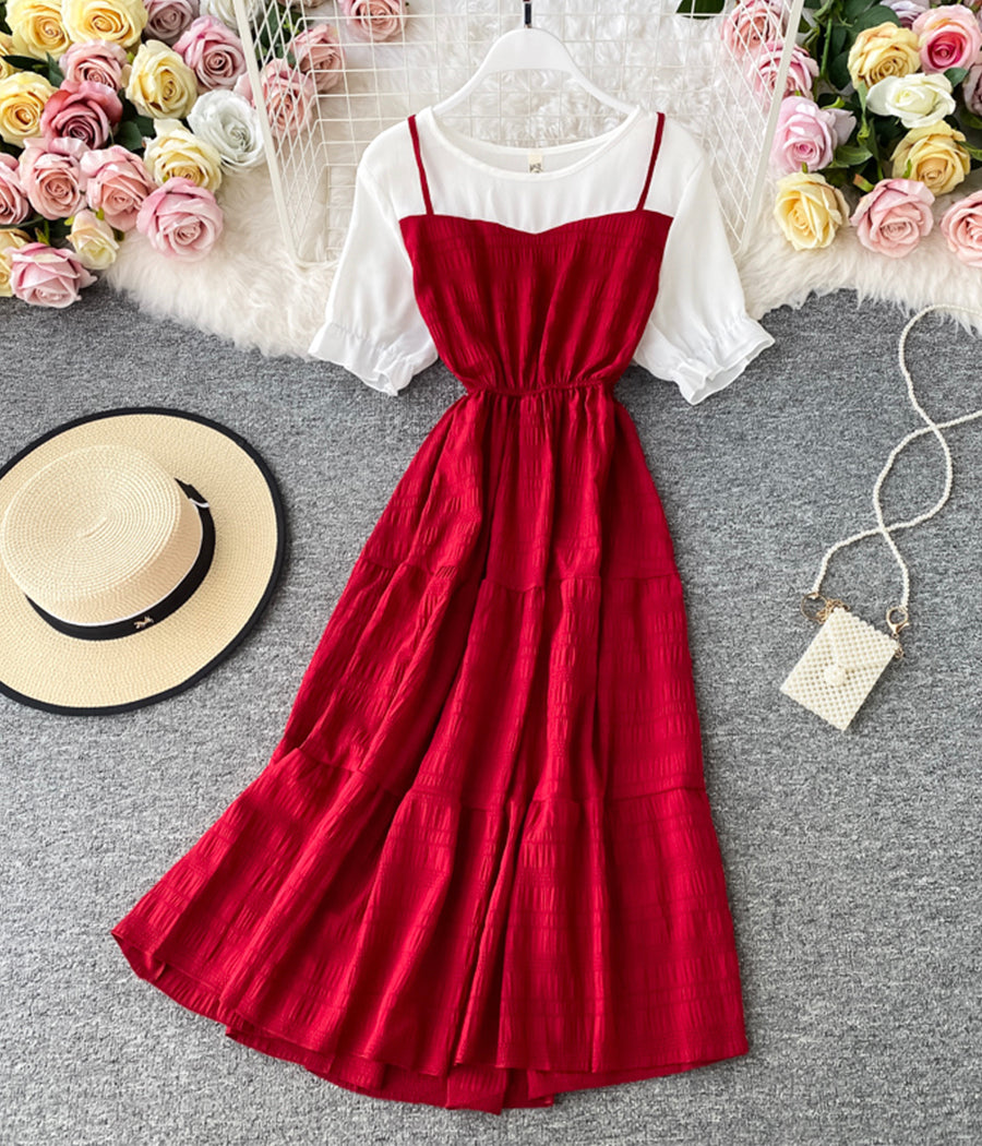 Cute A line round neck stitching dress summer dress  1230