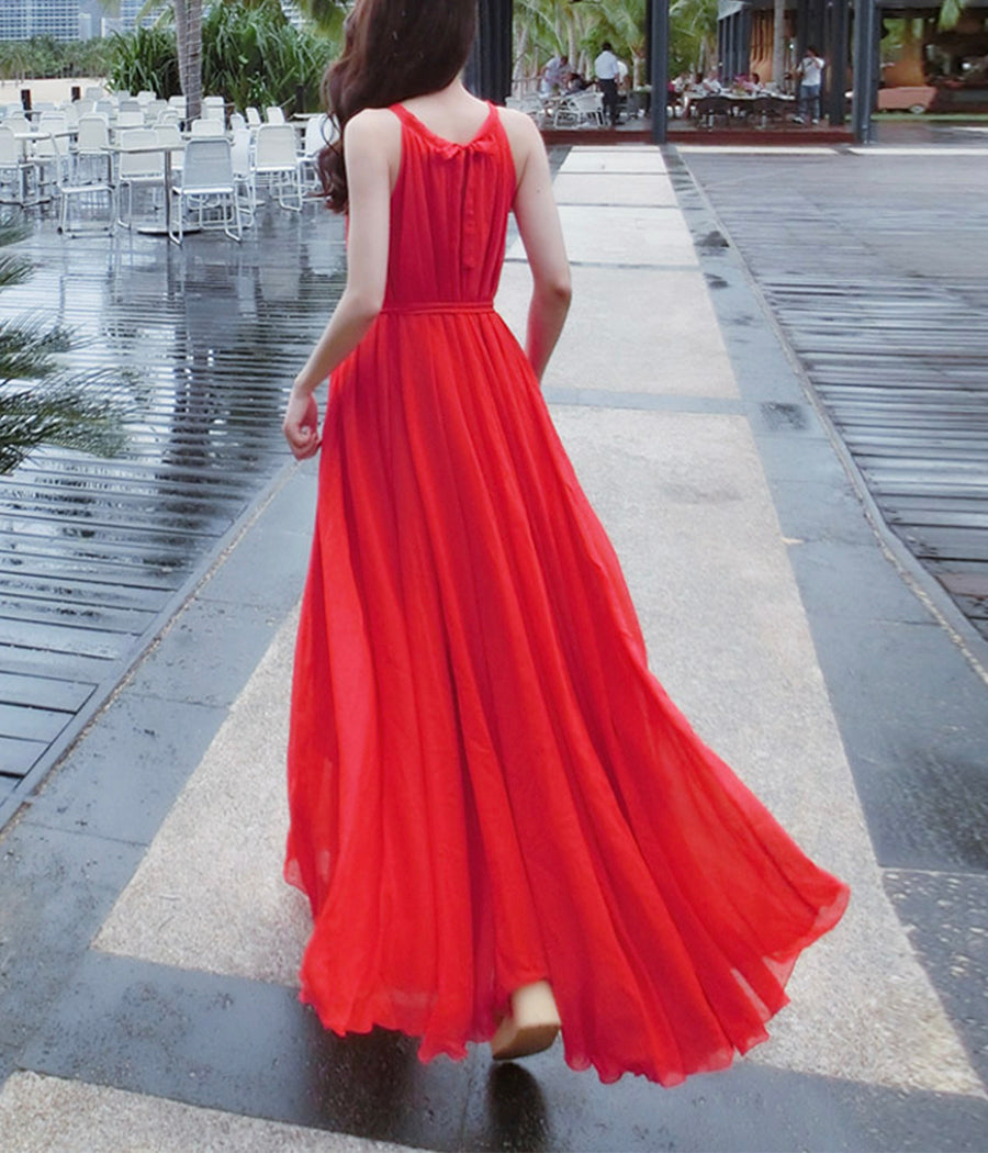 Red chiffon long dress women's dress  1190