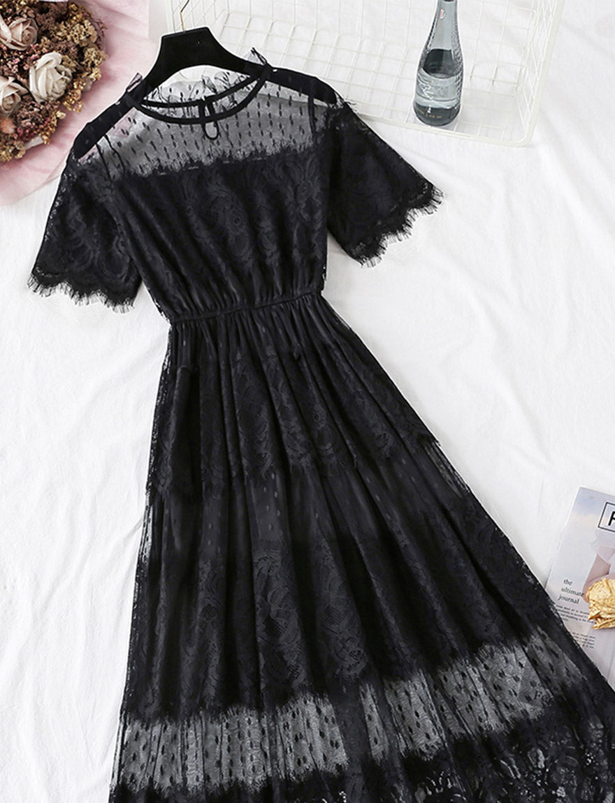 Black A line lace dress summer dress  1145