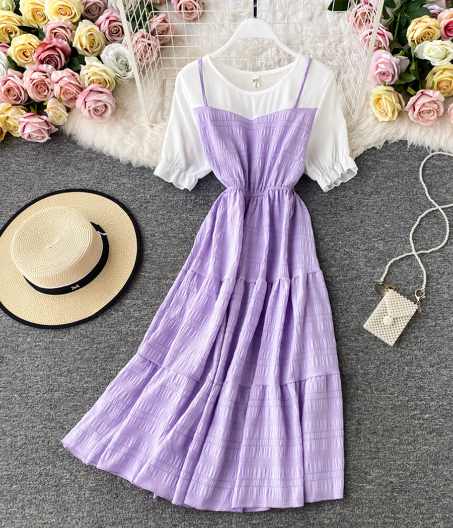 Cute A line round neck stitching dress summer dress  1230