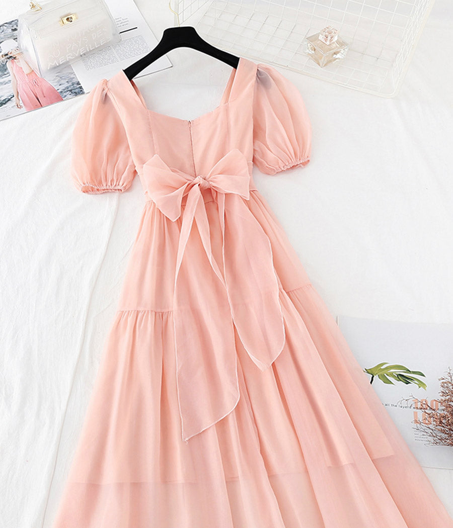 Pink chiffon A line dress short sleeve dress  1130