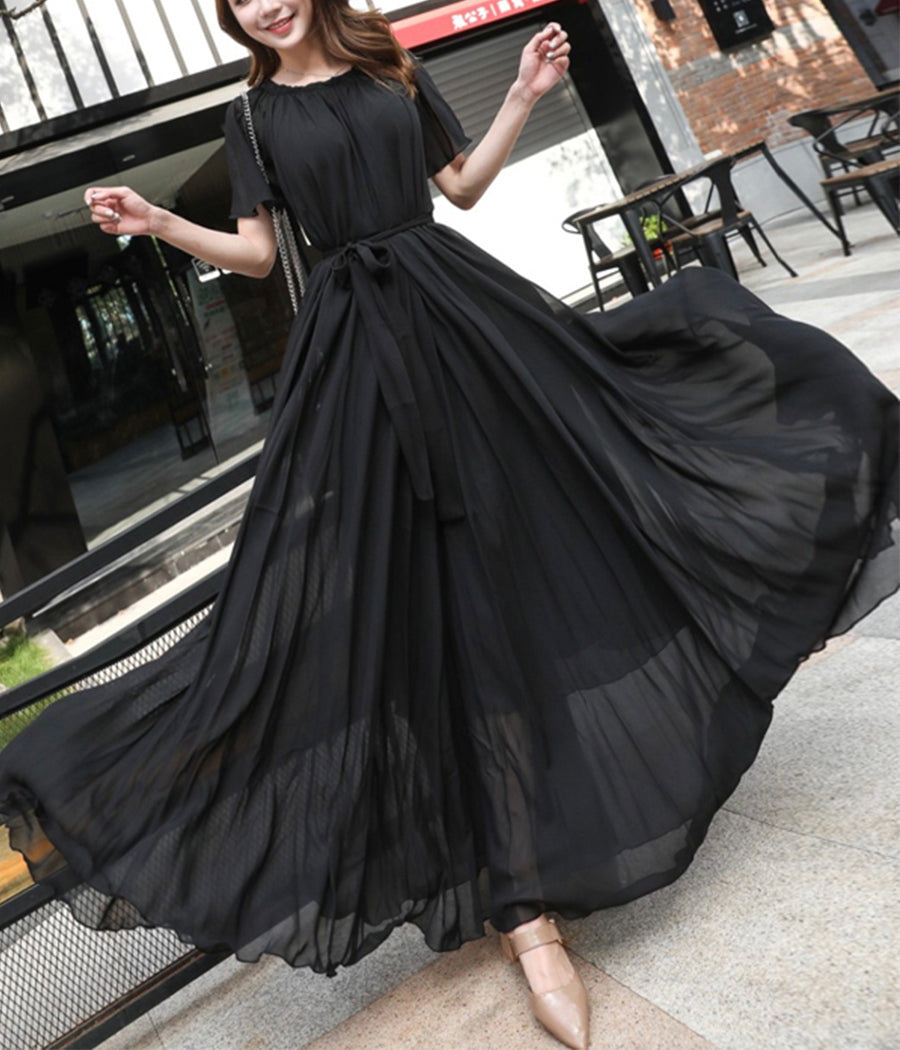 Black chiffon long dress women's dress  1191
