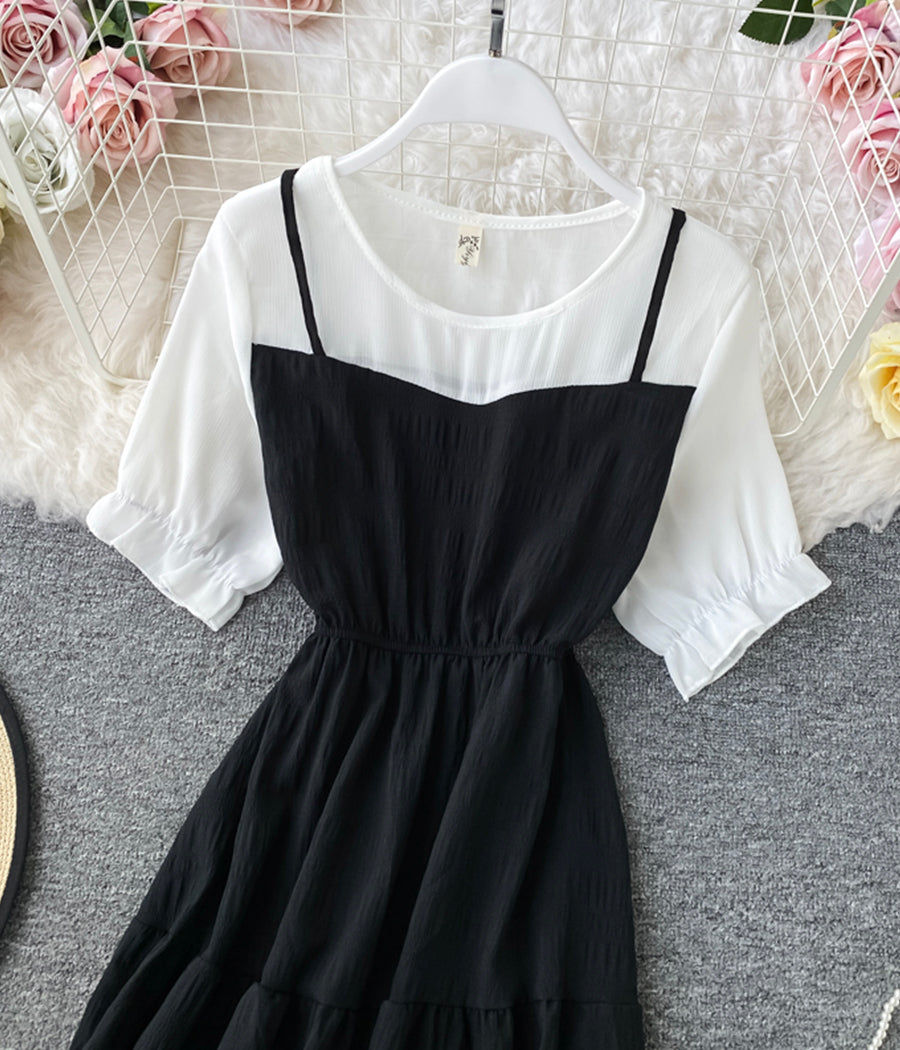 Cute A line round neck stitching dress summer dress  1230
