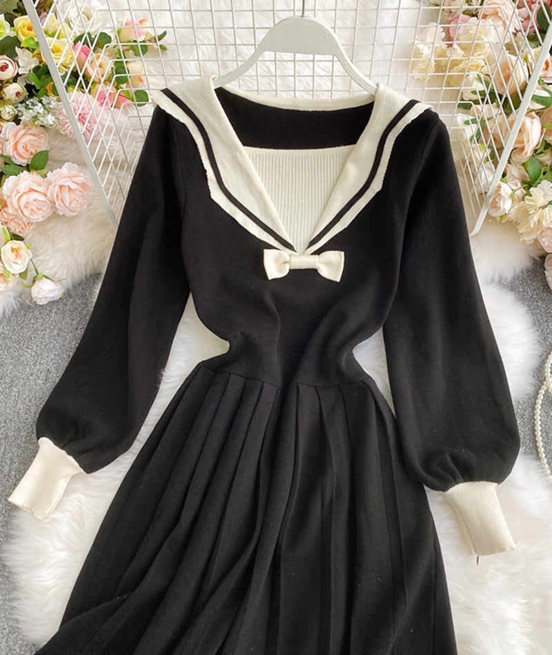 Black navy style knitted dress long sleeve dress  1010