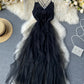 Black v neck tulle dress fashion dress  1121