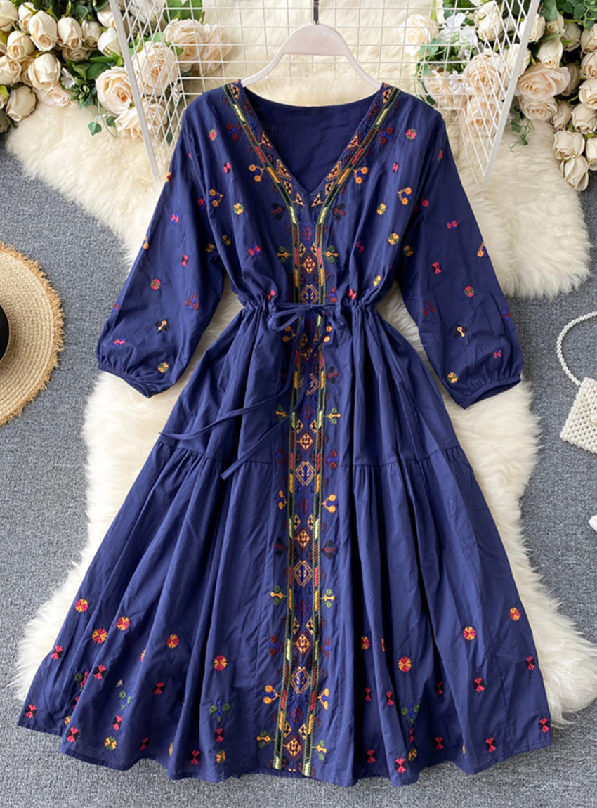 A line v neck embroidery long sleeve dress 1179 – girlhomeshops