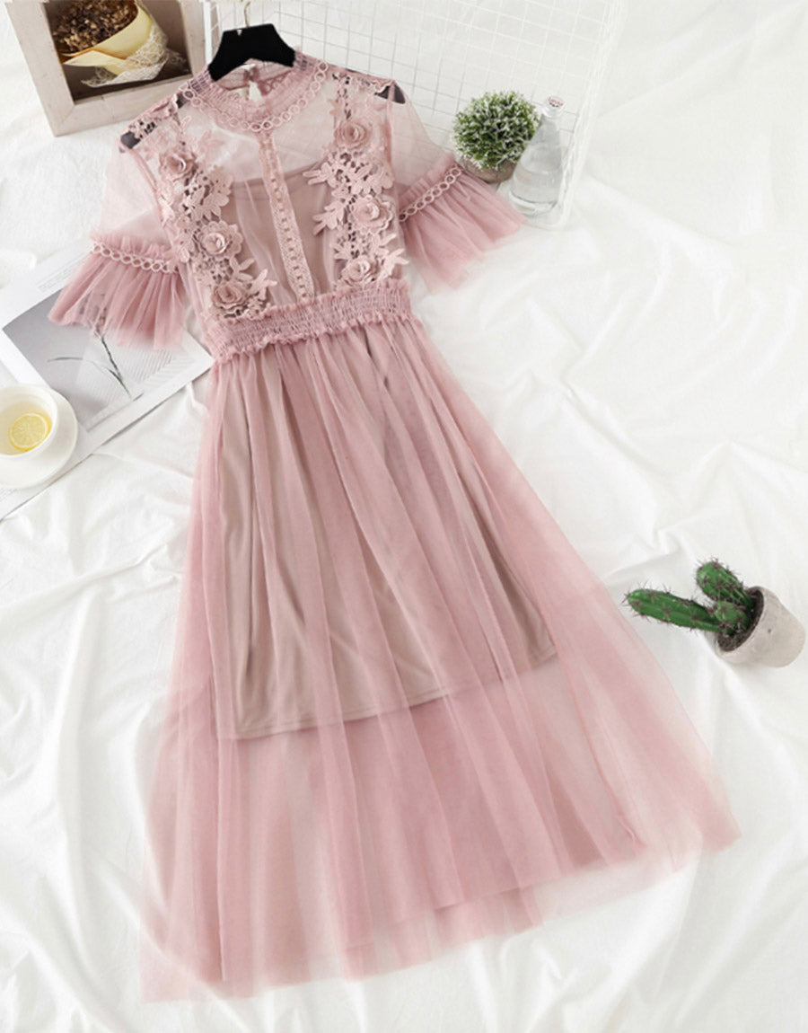 Cute A line tulle lace applique dress summer dress  1147