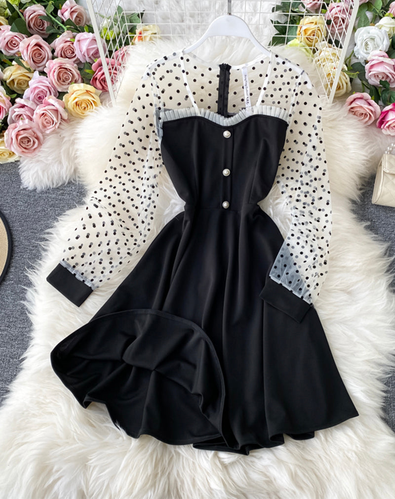 Black A line long sleeve dress fashion dress  1071