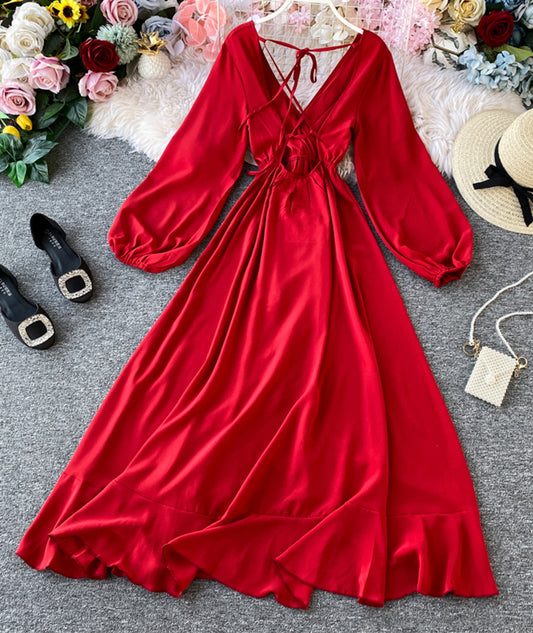 Red A line v neck long sleeve dress women's dress  1066
