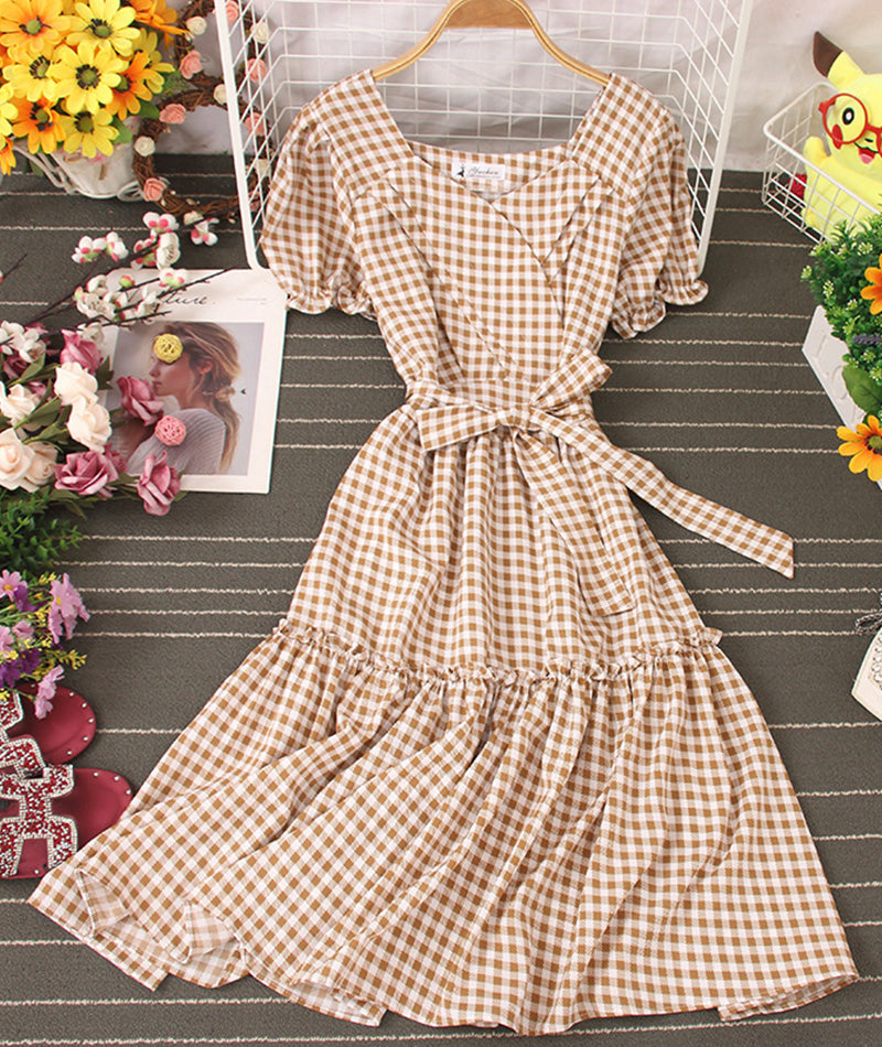 Süßes kariertes Kleid A-Linie kurzes Kleid 1004
