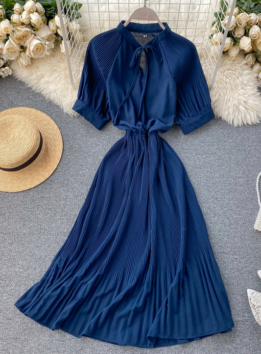 Simple A line pleated dress fashion girl short sleeve dress  1181