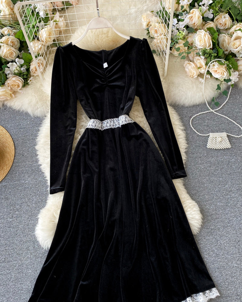 Black velvet long sleeve dress lace dress  1013